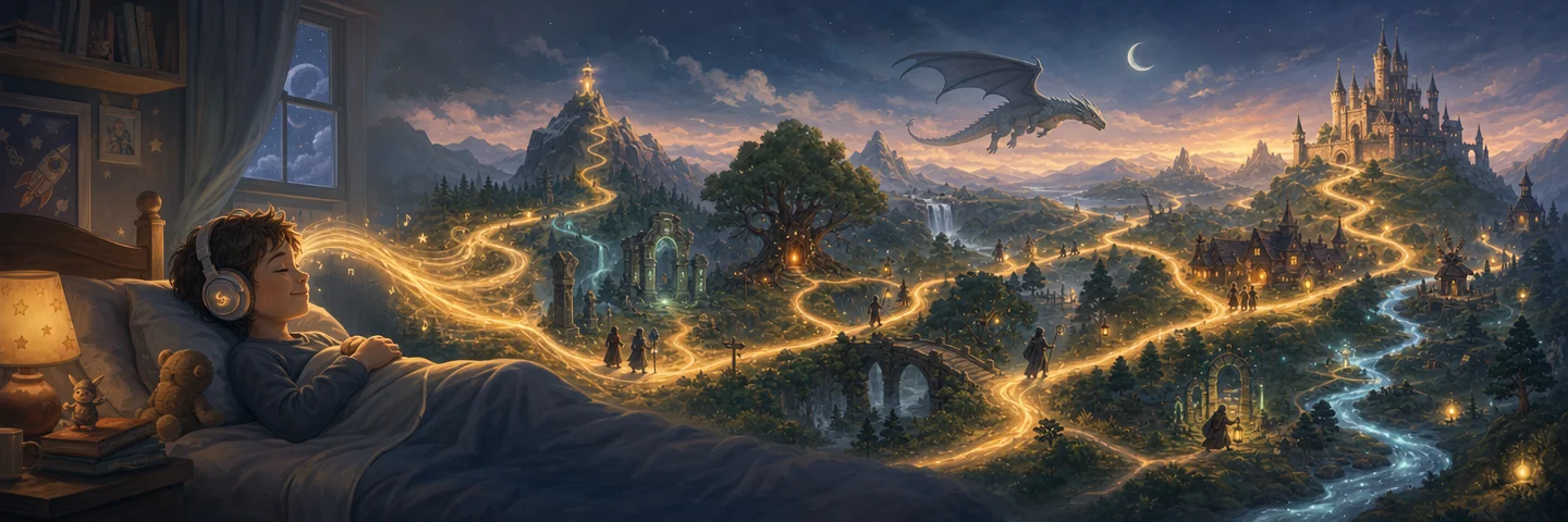 A child listening to a Schmaudio audio story while a single magical adventure branches into many possible paths.